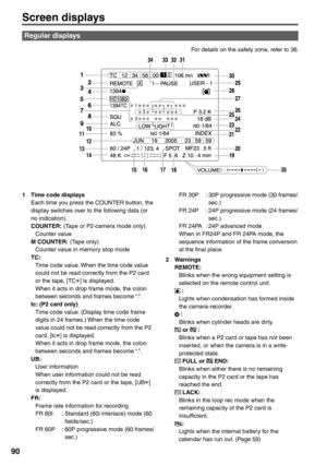 Page 90
90
Regular displays
Screen displays
1  Time code displaysEach time you press the COUNTER button, the 
display switches over to the following data (or 
no indication).
COUNTER:  (Tape or P2-camera mode only)
 Counter value
M COUNTER:  (Tape only)
  Counter value in memory stop mode
TC:
  Time code value. When the time code value  could not be read correctly from the P2 card 
or the tape, [TC
∗] is displayed.
  When it acts in drop frame mode, the colon  between seconds and frames become “.”.
tc: (P2 card...