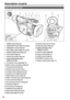 Page 12
12
Description of parts
1  POWER switch (Page 20)
2  START/STOP button (Pages 25 and 29)
3  OPEN/EJECT switch (Page 29)
4  REC CHECK button (Pages 25 and 30)
5  HANDLE ZOOM switch (Page 33)
6  Zoom button (Page 33)
7  Handle zoom button (Page 33)
8  Handle START/STOP button(Pages 25 and 29)
9  Pin hole (for zoom ring) (Page 13)
10  Built-in stereo microphone (Page 52)
11  Tally lamp (Front) (Page 20)
12  Remote control sensor (Front)
13  Cassette holder (Pages 29 and 30)
14  Cassette cover (Pages 29 and...