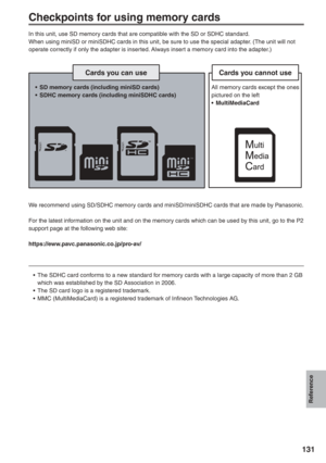 Page 131
Reference
131
Checkpoints for using memory cards
In this unit, use SD memory cards that are compatible with the SD or SDHC standard.
When using miniSD or miniSDHC cards in this unit, be sure to use the spe\
cial adapter. (The unit will not 
operate correctly if only the adapter is inserted. Always insert a memory card into the adapter.)
We recommend using SD/SDHC memory cards and miniSD/miniSDHC cards that are made by Panasonic.
For the latest information on the unit and on the memory cards which can be...