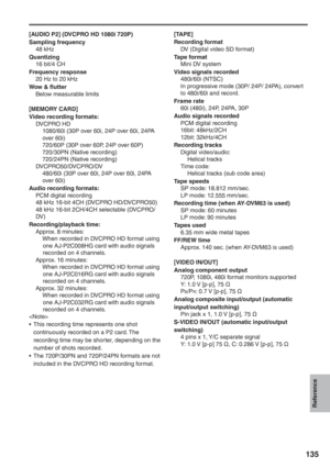 Page 135
Reference
135
[AUDIO P2] (DVCPRO HD 1080i 720P)
Sampling frequency
 48 kHz
Quantizing
  16 bit/4 CH
Frequency response
  20 Hz to 20 kHz
Wow & flutter
  Below measurable limits
[MEMORY CARD]
Video recording formats:
 DVCPRO HD
   1080/60i (30P over 60i, 24P over 60i, 24PA 
over 60i)
    720/60P (30P over 60P, 24P over 60P)
  720/30PN (Native recording)
  720/24PN (Native recording)
 DVCPRO50/DVCPRO/DV
    480/60i (30P over 60i, 24P over 60i, 24PA 
over 60i)
Audio recording formats:
  PCM digital...