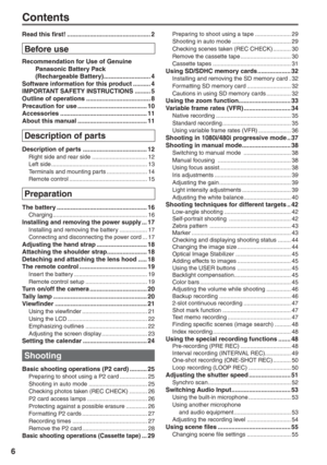 Page 6
6
Contents
Read this first! ................................................ 2
Before use
Recommendation for Use of Genuine Panasonic Battery Pack 
(Rechargeable Battery)  ........................... 4
Software information for this product .......... 4
IMPORTANT SAFETY INSTRUCTIONS ......... 5
Outline of operations ..................................... 8
Precaution for use ........................................ 10
Accessories .................................................. 11
About this manual...