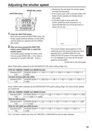 Page 51
Shooting
51
1  Press the SHUTTER button.Each time you press the SHUTTER button, the 
shutter speed switches between normal (OFF) 
and the speed you selected with the SPEED 
SEL button.
2  After you have pressed the SHUTTER button, press SPEED SEL to select the 
shutter speed.
The shutter speed changes as follows each 
time you press SPEED SEL + (The order is 
reversed for the SHUTTER SEL - button.) •  Remember that the faster the shutter speed, 
the lower the sensitivity.
•  If iris is set to auto, then...