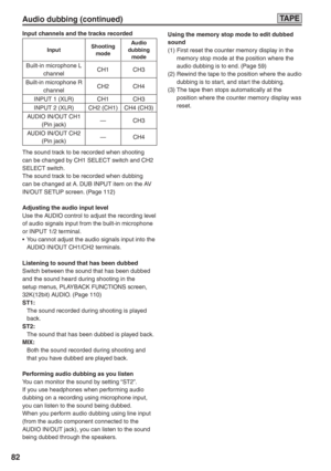 Page 82
82
Input channels and the tracks recorded
The sound track to be recorded when shooting 
can be changed by CH1 SELECT switch and CH2 
SELECT switch.
The sound track to be recorded when dubbing 
can be changed at A. DUB INPUT item on the AV 
IN/OUT SETUP screen. (Page 112)
Adjusting the audio input level
Use the AUDIO control to adjust the recording level 
of audio signals input from the built-in microphone 
or INPUT 1/2 terminal.
•  You cannot adjust the audio signals input into the AUDIO IN/OUT CH1/CH2...