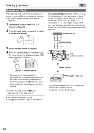 Page 90
90
Analog input (Tape)
Video contents on S-VHS (VHS) cassettes can be 
copied to tape, and TV programs can be recorded.
•  Set the MEDIA switch to the TAPE position. (Page 29)
1  Connect this unit to a video deck or a television. (Page 80)
2  Press the mode button on the unit to switch to the MCR/VCR mode.
VCR
DUB
MCR
PC
CAMERA
3  Set the external device to playback.
4  Press the two REC buttons simultaneously.On the remote control, while pressing the REC 
button, press the PLAY button.
COUNTERRESET...
