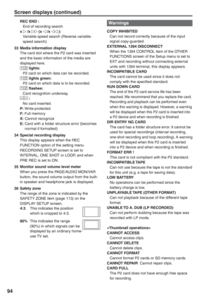 Page 94
94
Screen displays (continued)
REC END :
  End of recording search
x 
 /x  (x  /x  ):
   Variable-speed search (Reverse variable-
speed search)
33  Media information display The card slot where the P2 card was inserted 
and the basic information of the media are 
displayed here.
12 lights:
  P2 card on which data can be recorded.
12 lights green:
  P2 card on which data is to be recorded.
12 flashes:
  Card recognition underway.
 :
  No card inserted.
P:  Write-protected
F:  Full memory
X:  Cannot...