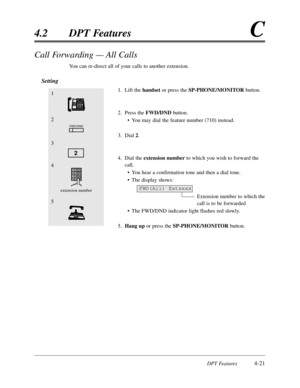 Page 130DPT Features4-21
4.2DPT FeaturesC
Call Forwarding — All Calls
You can re-direct all of your calls to another extension.
Setting
1.Lift thehandsetor press the SP-PHONE/MONITORbutton.
2.Press the FWD/DNDbutton.
•You may dial the feature number (710) instead.
3.Dial 2.
4.Dial the extension numberto which you wish to forward the
call.
•You hear a confirmation tone and then a dial tone.
•The display shows:
Extension number to which the
call is to be forwarded
•The FWD/DND indicator light flashes red slowly....