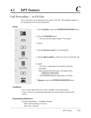 Page 134DPT Features4-25
4.2DPT FeaturesC
Call Forwarding — to CO Line
You can forward your incoming intercom calls to a CO line.  The telephone number of
the outside party must be pre-programmed.
Setting
1.Lift the handset or press the SP-PHONE/MONITORbutton.
2.Press the FWD/DNDbutton.
•You may dial the feature number (710) instead.
3.Dial 6.
4.Dial the line access code(9 or 81 through 88).
5.Dial the phone numberto which you wish to forward the call.
6.Dial #.
•You hear a confirmation tone and then a dial...