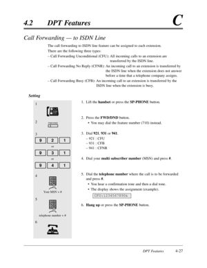 Page 136DPT Features4-27
4.2DPT FeaturesC
Call Forwarding — to ISDN Line
The call forwarding to ISDN line feature can be assigned to each extension.
There are the following three types:
– Call Forwarding Unconditional (CFU):All incoming calls to an extension are
transferred by the ISDN line.
– Call Forwarding No Reply (CFNR):An incoming call to an extension is transferred by
the ISDN line when the extension does not answer
before a time that a telephone company assigns.
– Call Forwarding Busy (CFB):An incoming...