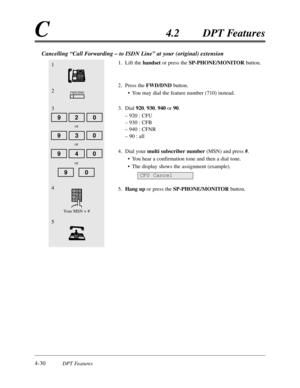 Page 1394-30DPT Features
C4.2DPT Features
CFU Cancel
1
2
3
29
or
39
or
4
0
0
09
or
09
FWD/DND
Your MSN + #
4
5
Cancelling “Call Forwarding – to ISDN Line”at your (original) extension
1.Lift the handsetor press the SP-PHONE/MONITORbutton.
2.Press the FWD/DNDbutton.
•You may dial the feature number (710) instead.
3.Dial 920,930,940or 90.
– 920 :CFU
– 930 :CFB
– 940 :CFNR
– 90 :all
4.Dial your multi subscriber number(MSN) and press #.
•You hear a confirmation tone and then a dial tone.
•The display shows the...