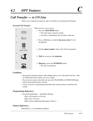 Page 152DPT Features4-43
4.2DPT FeaturesC
Call Transfer — to CO Line
Allows you to transfer an intercom call to a CO line by a Screened Call Transfer.
Screened Call Transfer
While having a conversation;
1.Press the TRANSFERbutton.
•The other party is placed on hold.
•You hear a confirmation tone and then a dial tone.
2.Press a CObutton or dial the line access code(9 or 81
through 88).
3.Dial the phone numberwhere calls will be transferred.
4.Waitfor an answer and announce.
5.Hang upor press the SP-PHONEbutton....