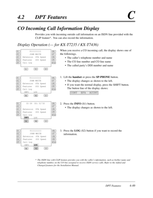Page 158DPT Features4-49
4.2DPT FeaturesC
CO Incoming Call Information Display
Provides you with incoming outside call information on an ISDN line provided with the
CLIP feature*.  You can also record the information.
Display Operation (— for KX-T7235 / KX-T7436)
When you receive a CO incoming call,the display shows one of
the followings.
•The caller’s telephone number and name
•The CO line number and CO line name
•The called party’s DDI number and name
1.Lift the handset or press the SP-PHONEbutton. 
•The...