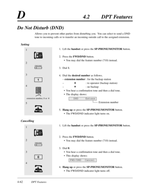 Page 1714-62DPT Features
D4.2DPT Features
1
4
extension number,0 or 
2
3
5
1
FWD/DND
Do Not Disturb (DND)
Allows you to prevent other parties from disturbing you.  You can select to send a DND
tone to incoming calls or to transfer an incoming outside call to the assigned extension.
Setting
1.Lift the handset or press the SP-PHONE/MONITORbutton.
2.Press the FWD/DNDbutton.
•You may dial the feature number (710) instead.
3.Dial 1.
4.Dial the desired number as follows.
– extension number:for the backup station
–...