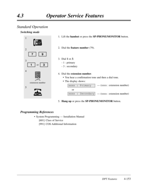 Page 262DPT Features4-153
4.3Operator Service Features
Standard Operation
Switching mode
1.Lift the handsetor press the SP-PHONE/MONITORbutton.
2.Dial the feature number(79).
3.Dial 1or 3.
- 1 :primary
- 3 :secondary
4.Dial the extension number.
•You hear a confirmation tone and then a dial tone.
•The display shows:
— (xxxx :extension number)
or
— (xxxx :extension number)
5.Hang upor press the SP-PHONE/MONITORbutton.
Programming References
•System Programming — Installation Manual
[601]Class of Service
[991]COS...