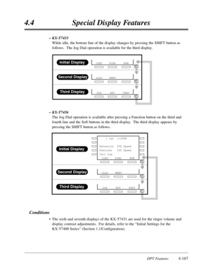 Page 2764.4Special Display Features
DPT Features4-167
– KX-T7433
While idle,the bottom line of the display changes by pressing the SHIFT button as
follows.  The Jog Dial operation is available for the third display.
– KX-T7436
The Jog Dial operation is available after pressing a Function button on the third and
fourth line and the Soft buttons in the third display.  The third display appears by
pressing the SHIFT button as follows.
Conditions
•The sixth and seventh displays of the KX-T7431 are used for the...