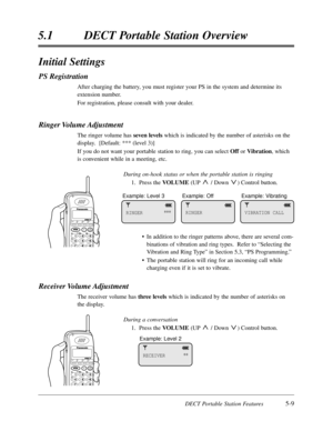 Page 300DECT Portable Station Features5-9
5.1DECT Portable Station Overview
Initial Settings
PS Registration
After charging the battery,you must register your PS in the system and determine its
extension number.
For registration,please consult with your dealer.
Ringer Volume Adjustment
The ringer volume has seven levels which is indicated by the number of asterisks on the
display.  [Default:*** (level 3)]
If you do not want your portable station to ring,you can select Offor Vibration,which
is convenient while in...