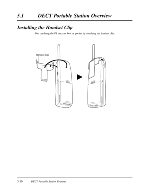 Page 3015-10DECT Portable Station Features
5.1DECT Portable Station Overview
Handset Clip
Installing the Handset Clip
You can hang the PS on your belt or pocket by attaching the handset clip. 