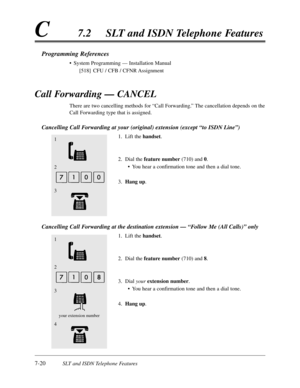 Page 3877-20SLT and ISDN Telephone Features
C7.2SLT and ISDN Telephone Features
Call Forwarding — CANCEL
There are two cancelling methods for “Call Forwarding.”The cancellation depends on the
Call Forwarding type that is assigned.
Cancelling Call Forwarding at your (original) extension (except “to ISDNLine”)
1.Lift the handset.
2.Dial the feature number(710) and 0.
•You hear a confirmation tone and then a dial tone.
3.Hang up.
Cancelling Call Forwarding at the destination extension — “Follow Me (All Calls)”only...