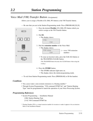 Page 75Station Programming2-31
2.2Station Programming
Voice Mail (VM) Transfer Button (Assignment)
Allows you to assign a Flexible (CO,DSS,PF) button as the VM Transfer button.
—Be sure that you are in the Station Programming mode:Press [PROGRAM] [9] [9].
1.Press the desired Flexible(CO,DSS,PF) button which you
wish to assign as the VM Transfer button.
2.Dial 82.
•The display shows:
3.Dial the extension number of the Voice Mail.
•The display shows:
(—xxxx:VM extension
number)
•To erase an incorrect entry,press...