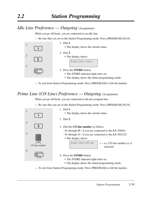 Page 83Station Programming2-39
2.2Station Programming
Idle Line Preference — Outgoing (Assignment)
When you go off-hook,you are connected to an idle line.
—Be sure that you are in the Station Programming mode:Press [PROGRAM] [9] [9].
1.Dial 1.
•The display shows the current status.
2.Dial 2.
•The display shows:
3.Press the STOREbutton.
•The STORE indicator light turns on.
•The display shows the initial programming mode.
—To exit from Station Programming mode:Press [PROGRAM] or lift the handset.
Prime Line (CO...
