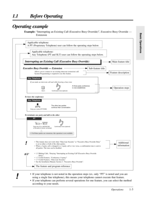 Page 11Operations1-3
1.1 Before Operating
Basic Operations
Operating example
Example:ÒInterrupting an Existing Call (Executive Busy Override)Ó, Executive Busy Override Ñ
Extension
Sub-feature title
Operation steps
Feature description
Main feature title
The feature and program reference
Applicable telephone:
A PT (Proprietary Telephone) user can follow the operating steps below.
Applicable telephone:
Any Telephone (PT and SLT) user can follow the operating steps below.
¥ If your telephone is not noted in the...