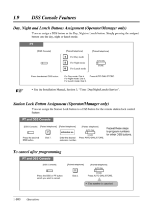Page 1081.9 DSS Console Features
1-100Operations
PT and DSS Console
Dial 2.
2
Press the DSS or PF button 
which you wish to cancel.Press AUTO DIAL/STORE.
AUTO DIAL
STORE
[DSS Console][Paired telephone]
[Paired telephone]
• The number is canceled.
To cancel after programming Day, Night and Lunch Buttons Assignment (Operator/Manager only)
You can assign a DSS button as the Day, Night or Lunch button. Simply pressing the assigned
button sets the day, night or lunch mode.
PT
For Day mode: Dial 4.
For Night mode:...