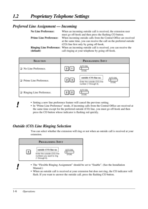 Page 141-6Operations
1.2 Proprietary Telephone Settings
PROGRAMMINGINPUT
3Enter the outside (CO) line 
numbers you want to ring 
(1 through 6).
outside (CO) line no.AUTO DIAL
STORE
Outside (CO) Line Ringing Selection
You can select whether the extension will ring or not when an outside call is received at your
extension.
¥ The ÒFlexible Ringing AssignmentÓ should be set to ÒEnableÓ. (See the Installation
Manual.) 
¥ When an outside call is received at your extension but does not ring, the CO indicator will...