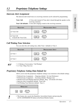 Page 15Operations1-7
1.2 Proprietary Telephone Settings
Basic Operations
OPERATION
¥ 1.5 During a Conversation, ÒCall WaitingÓ
¥ 2.1 Tone / Ring Tone List
Proprietary Telephone Setting Data Default Set
Allows you to reset the proprietary telephone settings at an extension to the default settings.
¥ Preferred Line Assignment Ñ Outgoing (default: No Line Preference)
¥ Preferred Line Assignment Ñ Incoming (default: Ringing Line)
¥ Outside (CO) Line Ringing Selection (default: Ring Ð all outside (CO) lines)
¥...