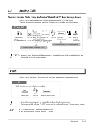 Page 27Operations1-19
1.3 Making Calls
Basic Operations
PT and SLT
For a PT: Press the CO assigned as 
               the Group-CO button.
For an SLT: Dial 8 and the outside (CO) line 
group number (1 through 6).Enter the 
phone number.
phone no.
Lift the handset 
or press 
SP-PHONE/MONITOR.Hang up 
or press SP-PHONE. Dial tone
Talk.
For an SLT For a PT8outside (CO) 
line group no.
CO
• The CO indicator light turns green.
• The display shows the phone number.
• You may press the Group-CO button directly instead...