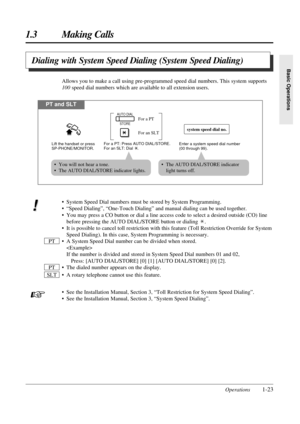 Page 31Operations1-23
1.3 Making Calls
Basic Operations
Dialing with System Speed Dialing (System Speed Dialing)
Allows you to make a call using pre-programmed speed dial numbers. This system supports
100speed dial numbers which are available to all extension users.
PT and SLT
Lift the handset or press 
SP-PHONE/MONITOR.
system speed dial no.
Enter a system speed dial number 
(00 through 99).
AUTO DIAL
STORE
For an SLT For a PT
For a PT: Press AUTO DIAL/STORE.
For an SLT: Dial    .
• You will not hear a tone.
•...