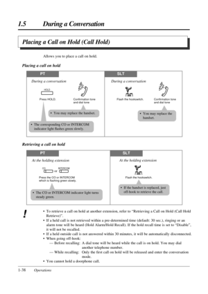 Page 461.5 During a Conversation
1-38Operations
Placing a Call on Hold (Call Hold)
Allows you to place a call on hold.
Placing a call on hold
PTSLT
Flash the hookswitch. Confirmation tone 
and dial tone
During a conversation
Press HOLD. Confirmation tone 
and dial tone
HOLD
During a conversation
• The corresponding CO or INTERCOM
indicator light ﬂashes green slowly.
• You may replace the
handset.
• If the handset is replaced, just
off-hook to retrieve the call.
• You may replace the handset.
PTSLT
Flash the...