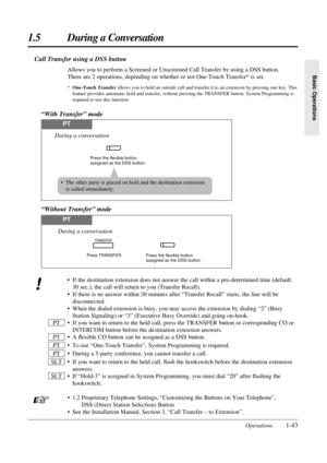 Page 511.5 During a Conversation
Operations1-43
Basic Operations
Call Transfer using a DSS button
Allows you to perform a Screened or Unscreened Call Transfer by using a DSS button.
There are 2 operations, depending on whether or not One-Touch Transfer* is set.
*One-Touch Transferallows you to hold an outside call and transfer it to an extension by pressing one key. This
feature provides automatic hold and transfer, without pressing the TRANSFER button. System Programming is
required to use this function.
“With...