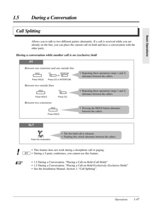 Page 551.5 During a Conversation
Operations1-47
Basic Operations
Call Splitting
• This feature does not work during a doorphone call or paging.
• During a 5-party conference, you cannot use this feature.
• 1.5 During a Conversation, “Placing a Call on Hold (Call Hold)”
• 1.5 During a Conversation, “Placing a Call on Hold Exclusively (Exclusive Hold)”
• See the Installation Manual, Section 3, “Call Splitting”. PT
Allows you to talk to two different parties alternately. If a call is received while you are
already...