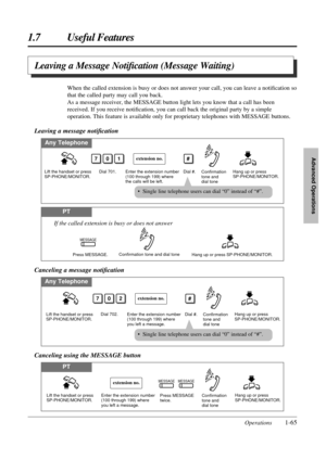 Page 731.7 Useful Features
Operations1-65
Advanced Operations
Leaving a Message Notiﬁcation (Message Waiting)
When the called extension is busy or does not answer your call, you can leave a notiﬁcation so
that the called party may call you back.
As a message receiver, the MESSAGE button light lets you know that a call has been
received. If you receive notiﬁcation, you can call back the original party by a simple
operation. This feature is available only for proprietary telephones with MESSAGE buttons.
Leaving a...