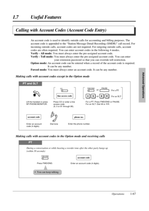 Page 751.7 Useful Features
Operations1-67
Advanced Operations
PT
account code
Enter an account code (4 digits). Press FWD/DND.
During a conversation or while hearing a reorder tone after the other party hangs up 
(within 30 seconds)
FWD/DND
• You can keep talking.
Making calls with account codes in the Option mode and receiving calls
Calling with Account Codes (Account Code Entry)
An account code is used to identify outside calls for accounting and billing purposes. The
account code is appended to the “Station...