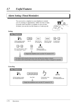 Page 801.7 Useful Features
1-72Operations
Canceling
Any Telephone
Dial 762#.
762#
Lift the handset or press 
SP-PHONE/MONITOR.Hang up or press 
SP-PHONE/MONITOR. Confirmation tone 
and dial tone
• Single line telephone users can dial “0” instead of “#”.
Alarm Setting (Timed Reminder)
You can receive a ringback at your telephone to remind
you of a meeting or appointment.  Either one time or daily
(everyday until canceled) is available at a pre-set time. 
At home, you can also use this feature as a wake-up call....