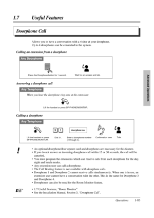 Page 91• An optional doorphone/door opener card and doorphones are necessary for this feature.
• If you do not answer an incoming doorphone call within 15 or 30 seconds, the call will be
canceled.
• You must program the extensions which can receive calls from each doorphone for the day,
night and lunch modes.
• Any extension user can call a doorphone.
• The Call Waiting feature is not available with doorphone calls.
• Doorphone 1 and Doorphone 2 cannot receive calls simultaneously. When one is in use, an...