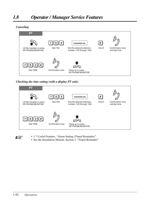 Page 1001.8 Operator / Manager Service Features
1-92Operations
PT
Lift the handset or press 
SP-PHONE/MONITOR.Dial 764.Dial the desired extension 
number (100 through 199).Dial #.
764
Hang up or press 
SP-PHONE/MONITOR.Confirmation tone
Confirmation tone 
and dial tone
Dial 762#.
762
extension no.#
#
Canceling
Checking the time setting (with a display PT only)
PT
Lift the handset or press 
SP-PHONE/MONITOR.Dial 764.Dial the desired extension 
number (100 through 199).Dial #.
764
Hang up or press...