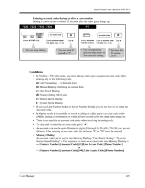 Page 105Station Features and Operation (DPT/SLT)
User Manual105
Entering account codes during or after a conversation
During a conversation or within 15 seconds after the other party hangs up;
Conditions
In Verified - All Calls mode, you must always enter a pre-assigned account code when 
making any of the following calls.
a)Call Forwarding — to Outside Line
b)Manual Dialing (Selecting an outside line)
c)One-Touch Dialing
d)Pickup Dialing (Hot Line)
e)Station Speed Dialing
f)System Speed Dialing
If you use...