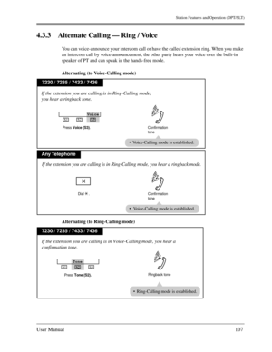 Page 107Station Features and Operation (DPT/SLT)
User Manual107
4.3.3 Alternate Calling — Ring / Voice
You can voice-announce your intercom call or have the called extension ring. When you make 
an intercom call by voice-announcement, the other party hears your voice over the built-in 
speaker of PT and can speak in the hands-free mode.
Alternating (to Voice-Calling mode)
Alternating (to Ring-Calling mode)
Any Telephone
7230 / 7235 / 7433 / 7436
If the extension you are calling is in Ring-Calling mode, you hear...