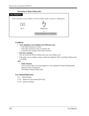 Page 108Station Features and Operation (DPT/SLT)
108User Manual
Alternating (to Ring-Calling mode)
Conditions
Voice-signaling is not available in the following cases:
— if the other extension is an SLT.
— if the other extension is busy on another call.
— if another call is ringing on the other extension. 
One time switching
You can switch the desired calling mode only once during a call.
If the party you are calling is using a single line telephone (SLT), only Ring-Calling mode 
is available.

Mode...