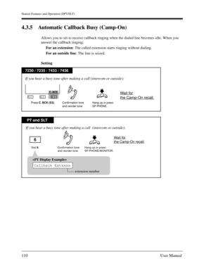 Page 110Station Features and Operation (DPT/SLT)
110User Manual
4.3.5 Automatic Callback Busy (Camp-On)
Allows you to set to receive callback ringing when the dialed line becomes idle. When you 
answer the callback ringing;
For an extension: The called extension starts ringing without dialing.
For an outside line: The line is seized.
Setting
PT and SLT
7230 / 7235 / 7433 / 7436
Dial 6. Hang up or press
SP-PHONE/MONITOR.Confirmation tone
and reorder tone
If you hear a busy tone after making a call  (intercom or...