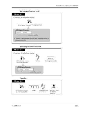 Page 111Station Features and Operation (DPT/SLT)
User Manual111
Answering an intercom recall
Answering an outside line recall
Canceling
PT and SLT
If you hear the telephone ringing;
Lift the handset or press SP-PHONE/MONITOR.

extension number
You hear a ringback tone and the other extension begins to
ring automatically.
xxxx:  Free
PT and SLT
Dial the phone number. Dial tone
If you hear the telephone ringing;
Lift the handset or press 
SP-PHONE/MONITOR.
phone no.

outside line number
COXX:  Free
PT and SLT
Lift...