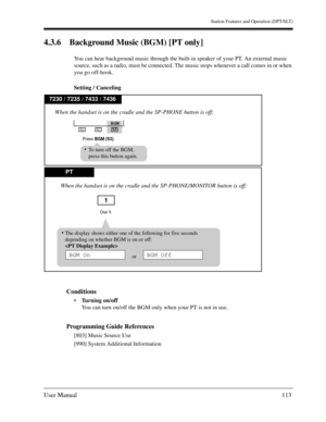 Page 113Station Features and Operation (DPT/SLT)
User Manual113
4.3.6 Background Music (BGM) [PT only]
You can hear background music through the built-in speaker of your PT. An external music 
source, such as a radio, must be connected. The music stops whenever a call comes in or when 
you go off-hook.
Setting / Canceling
Conditions
Turning on/off
You can turn on/off the BGM only when your PT is not in use.
Programming Guide References
[803] Music Source Use
[990] System Additional Information
PT
7230 / 7235 /...