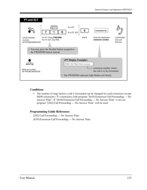 Page 123Station Features and Operation (DPT/SLT)
User Manual123
Conditions
The number of rings before a call is forwarded can be changed for each extension (except 
ISDN extensions / T1 extensions) with program [619] Extension Call Forwarding — No 
Answer Time. If [619] Extension Call Forwarding — No Answer Time is not set, 
program [202] Call Forwarding — No Answer Time will be used. 
Programming Guide References
[202] Call Forwarding — No Answer Time
[619] Extension Call Forwarding — No Answer Time
PT and...