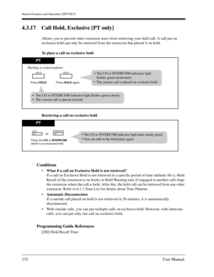 Page 132Station Features and Operation (DPT/SLT)
132User Manual
4.3.17 Call Hold, Exclusive [PT only]
Allows you to prevent other extension users from retrieving your held call. A call put on 
exclusive hold can only be retrieved from the extension that placed it on hold.
To place a call on exclusive hold
Retrieving a call on exclusive hold 
Conditions
What if a call on Exclusive Hold is not retrieved?
If a call on Exclusive Hold is not retrieved in a specific period of time (default: 60 s), Hold 
Recall (if...