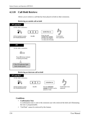 Page 134Station Features and Operation (DPT/SLT)
134User Manual
4.3.18 Call Hold Retrieve
Allows you to retrieve a call that has been placed on hold at other extensions.
Retrieving an outside call on hold
Retrieving an intercom call on hold
Conditions
Confirmation Tone
A confirmation tone is sent to the extension user who retrieved the held call. Eliminating 
the tone is programmable.
Call Park cannot be retrieved by this feature.
PT and SLT
PT
Enter the held
outside line number.
(01-08 for KX-TD816 / 
 01-48...