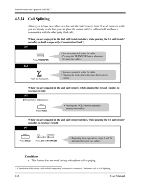 Page 142Station Features and Operation (DPT/SLT)
142User Manual
4.3.24 Call Splitting
Allows you to have two callers on a line and alternate between them. If a call comes in while 
you are already on the line, you can place the current call (1st call) on hold and have a 
conversation with the other party (2nd call).
When you are engaged in the 2nd call (inside/outside), while placing the 1st call (inside/
outside) on hold temporarily (Consultation Hold
*1)
When you are engaged in the 2nd call (inside), while...