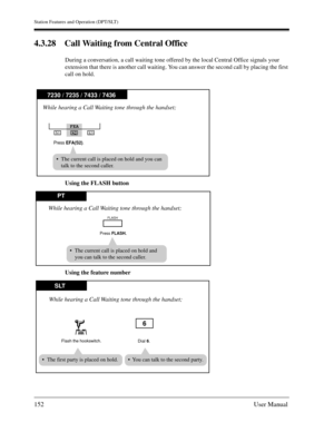 Page 152Station Features and Operation (DPT/SLT)
152User Manual
4.3.28 Call Waiting from Central Office
During a conversation, a call waiting tone offered by the local Central Office signals your 
extension that there is another call waiting. You can answer the second call by placing the first 
call on hold.
Using the FLASH button
Using the feature number
7230 / 7235 / 7433 / 7436
FEA
S1
S2S3
While hearing a Call Waiting tone through the handset;
Press EFA(S2).
The current call is placed on hold and you can
talk...