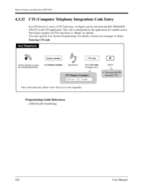 Page 162Station Features and Operation (DPT/SLT)
162User Manual
4.3.32 CTI (Computer Telephony Integration) Code Entry
If a CTI Service is used, a CTI Code (max. 16 digits) can be sent from the KX-TD816/KX-
TD1232 to the CTI application. The code is interpreted by the application for suitable action.
The feature number of CTI Code Entry is Blank by default.
You must specify it by System Programming. For details, consult your manager or dealer.
Entering CTI code
Programming Guide References
[100] Flexible...