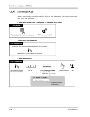 Page 174Station Features and Operation (DPT/SLT)
174User Manual
4.3.37 Doorphone Call
Allows you to have a conversation with a visitor at your doorphone. You can also unlock the 
door from your telephone.
Calling an extension from a doorphone — operation for a visitor
Answering a doorphone call
Calling a doorphone
Doorphone
Wait for an answer and talk.Press the Doorphone button for one second.
Any Telephone
Lift the handset or press SP-PHONE/MONITOR.
When you hear the doorphone ring tone at the extension;
Any...